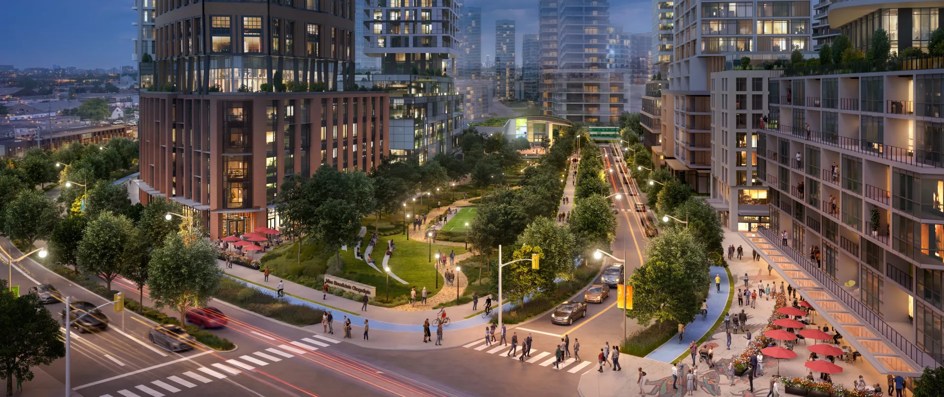 A rendering of Downsview West in the evening showing streets