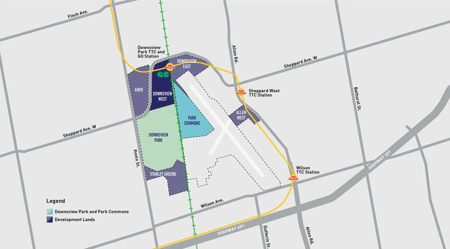 Map of Downsview West area showing main highways and intersections