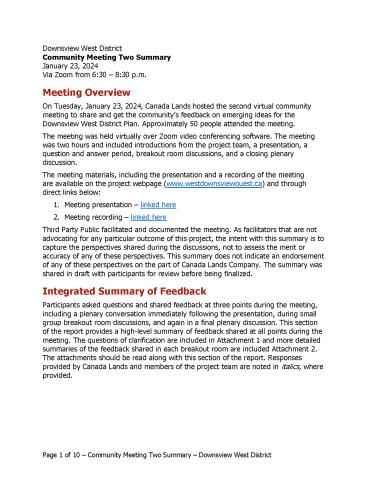 Community Meeting Two Summary - Cover Image